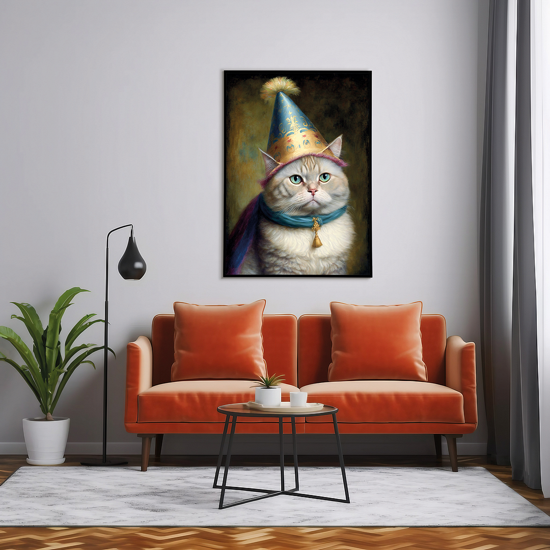 Renaissance painting of a Persian cat with a party hat - Art Print