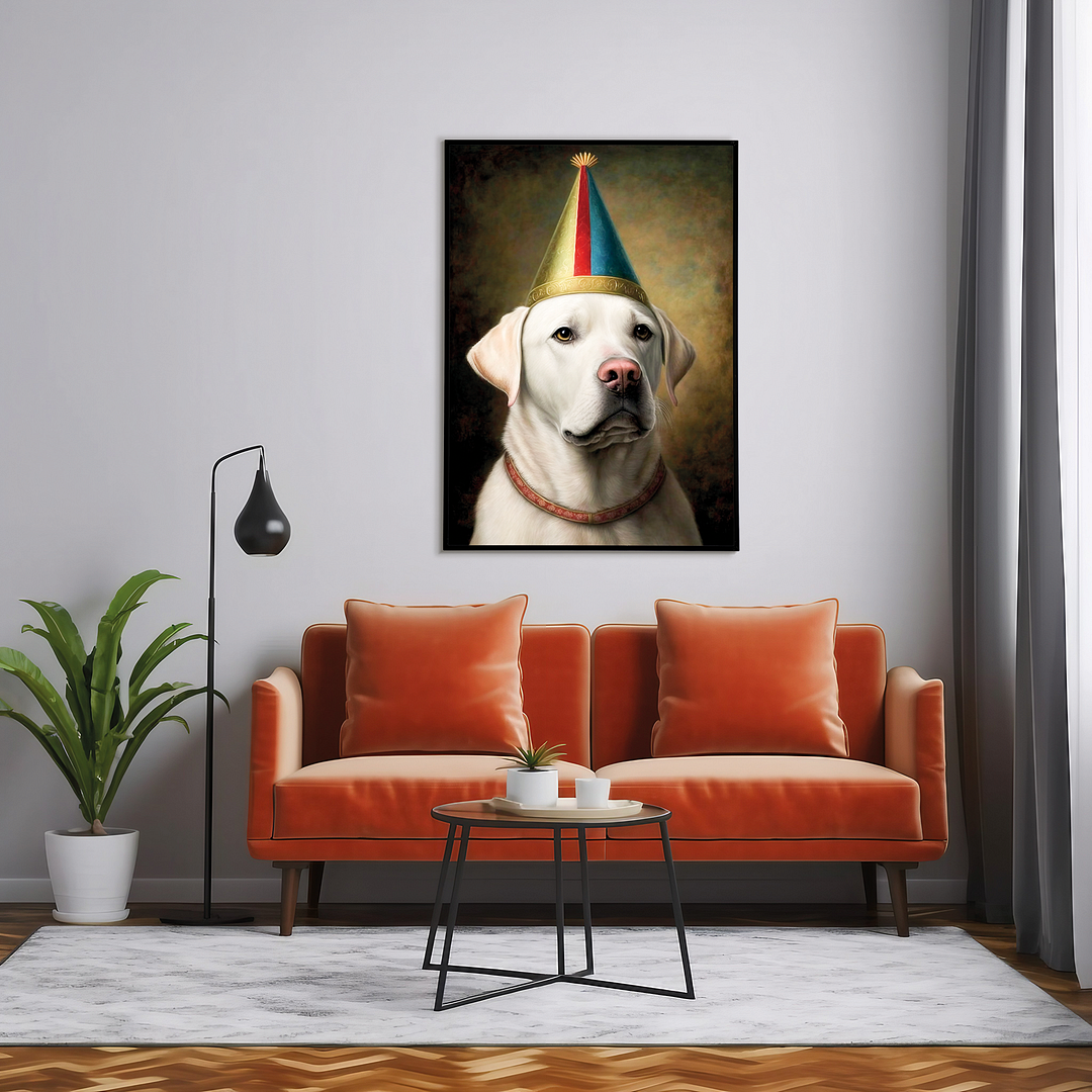 Renaissance painting of a white Labrador with a party hat - Art Print