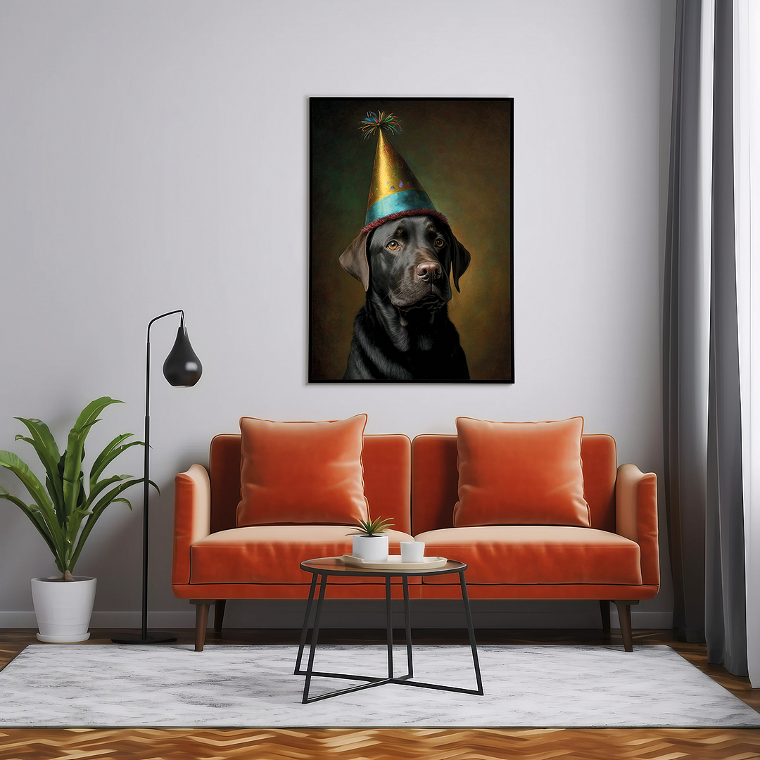 Renaissance painting of a black Labrador with a party hat - Art Print