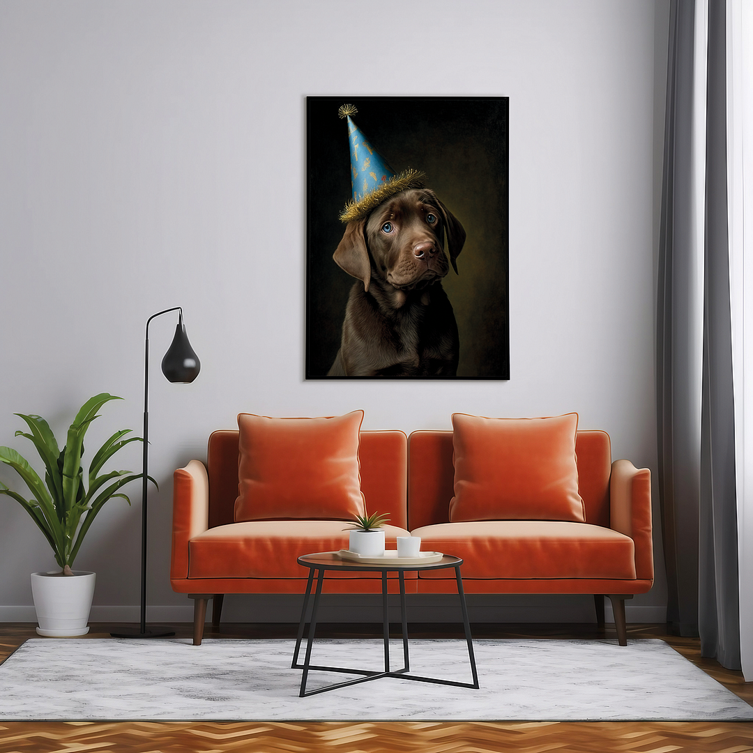 Renaissance painting of a brown Labrador puppy with a party hat - Art Print