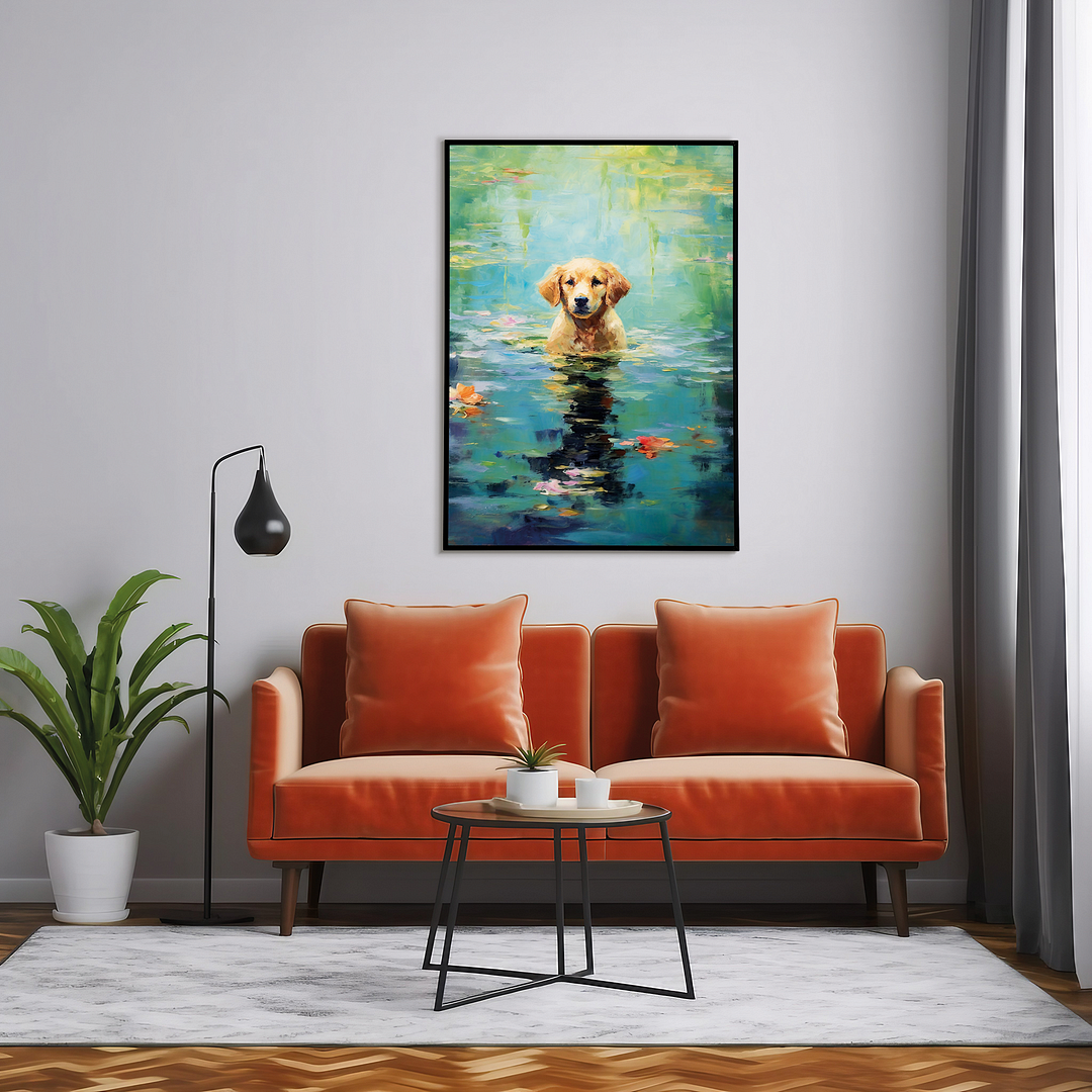 Dog playing in water in Monet style - Art Print