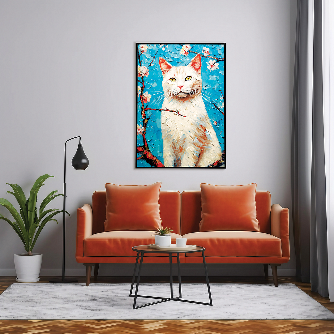 Almond blossom with white cat - Art Print