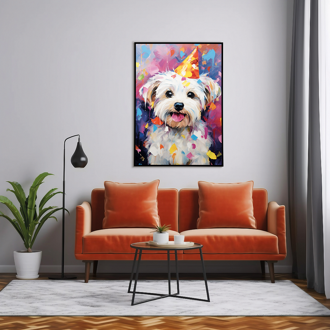 Maltese with wa party hat colourful painting I - Art Print