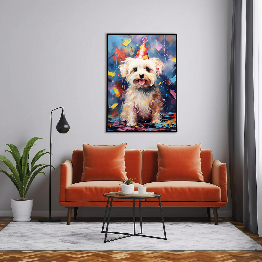 Maltese with wa party hat colourful painting II - Art Print
