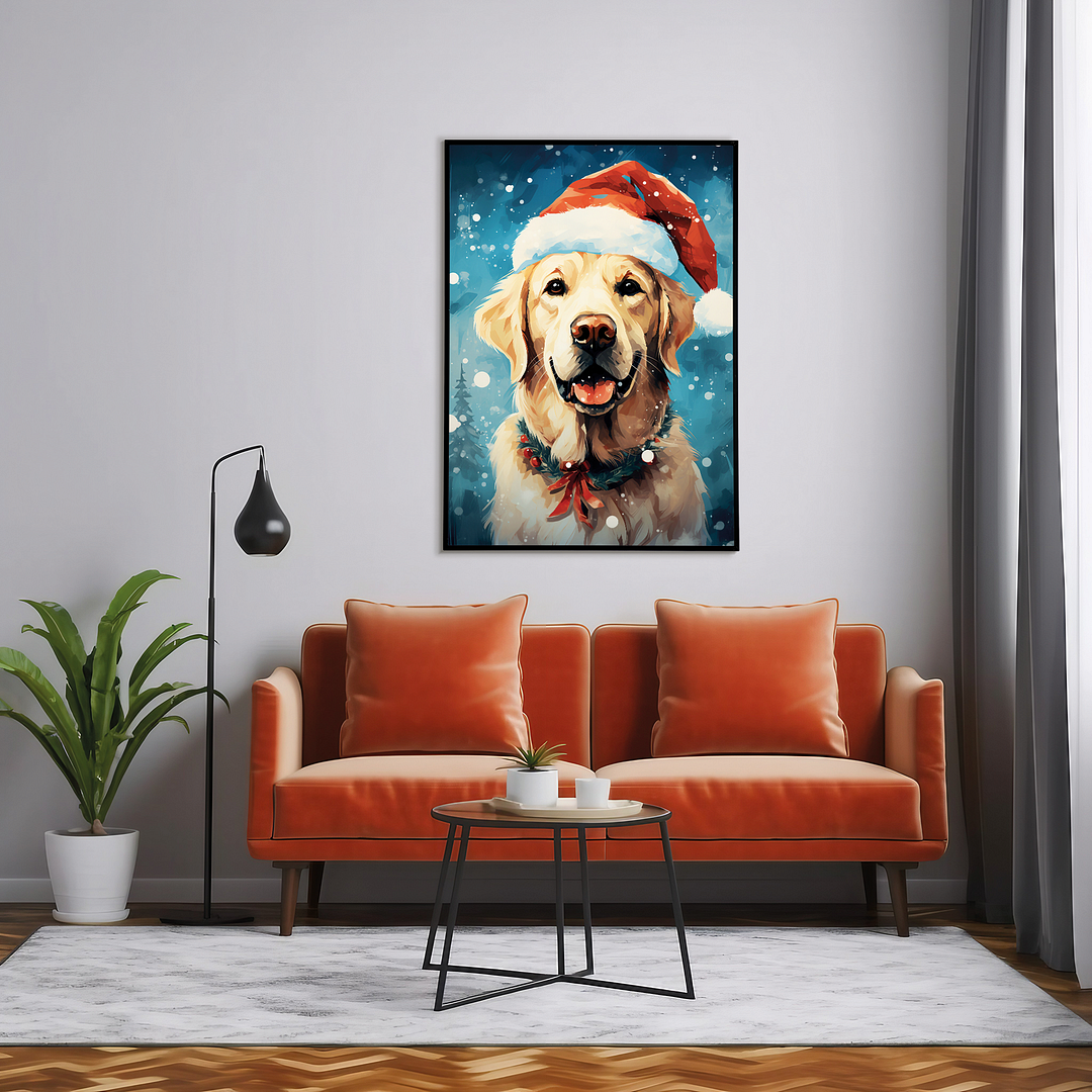 Painting of a labrador wearing a Christmas hat - Art Print
