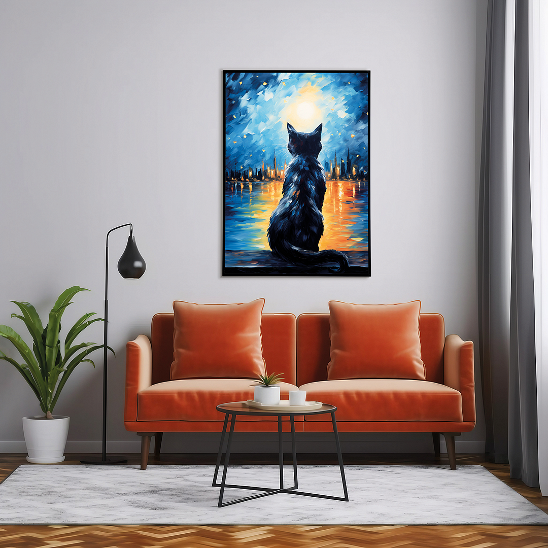 Cat looking over the starry night sky Van Gogh style - Art Print