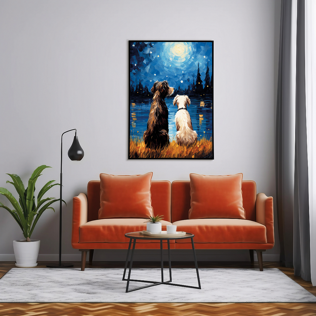 Two dogs looking at the starry night Van Gogh style - Art Print