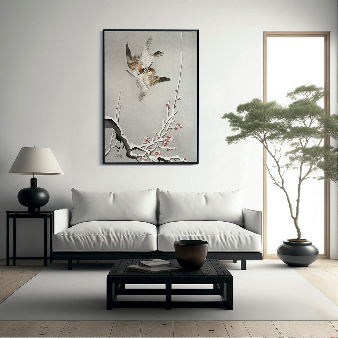 Sparrows and snowy plum tree By Ohara Koson - Art Print