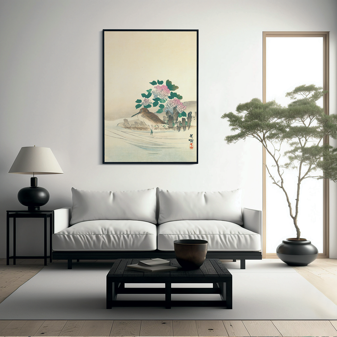 Water Bird and Hydrangea By Koga Iijima - Art Print