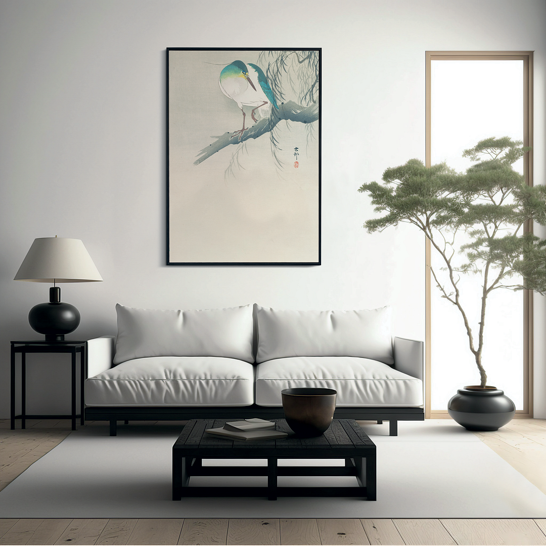 Night-heron with raised leg perched on a willow branch By Ohara Koson - Art Print