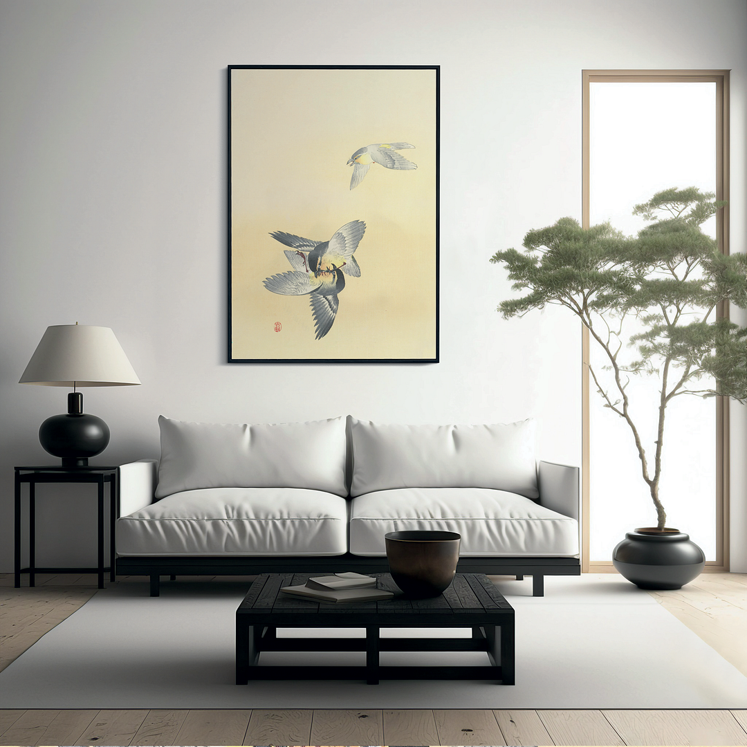Two fighting birds By Ohara Koson - Art Print