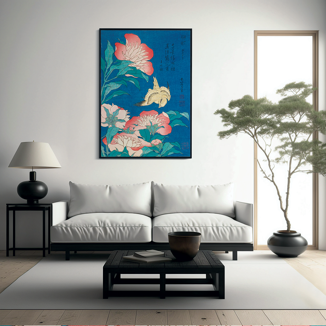 Katsushika Hokusai's peonies and canary - Art Print