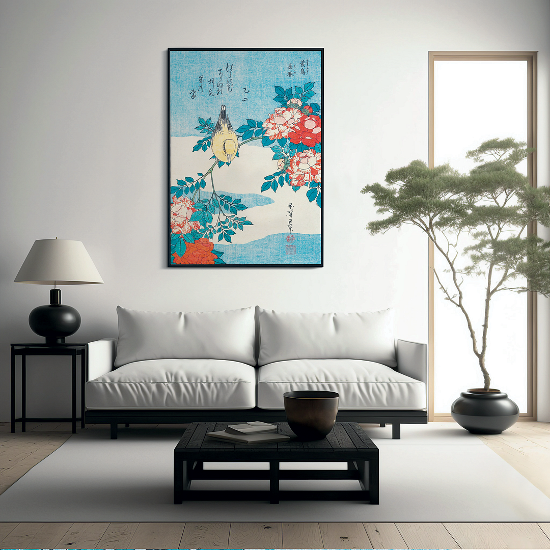 Warbler and Roses By Katsushika Hokusai - Art Print