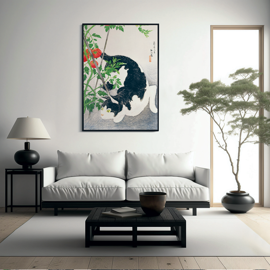Cat with Tomato Plant By Hiroaki Takahashi - Art Print