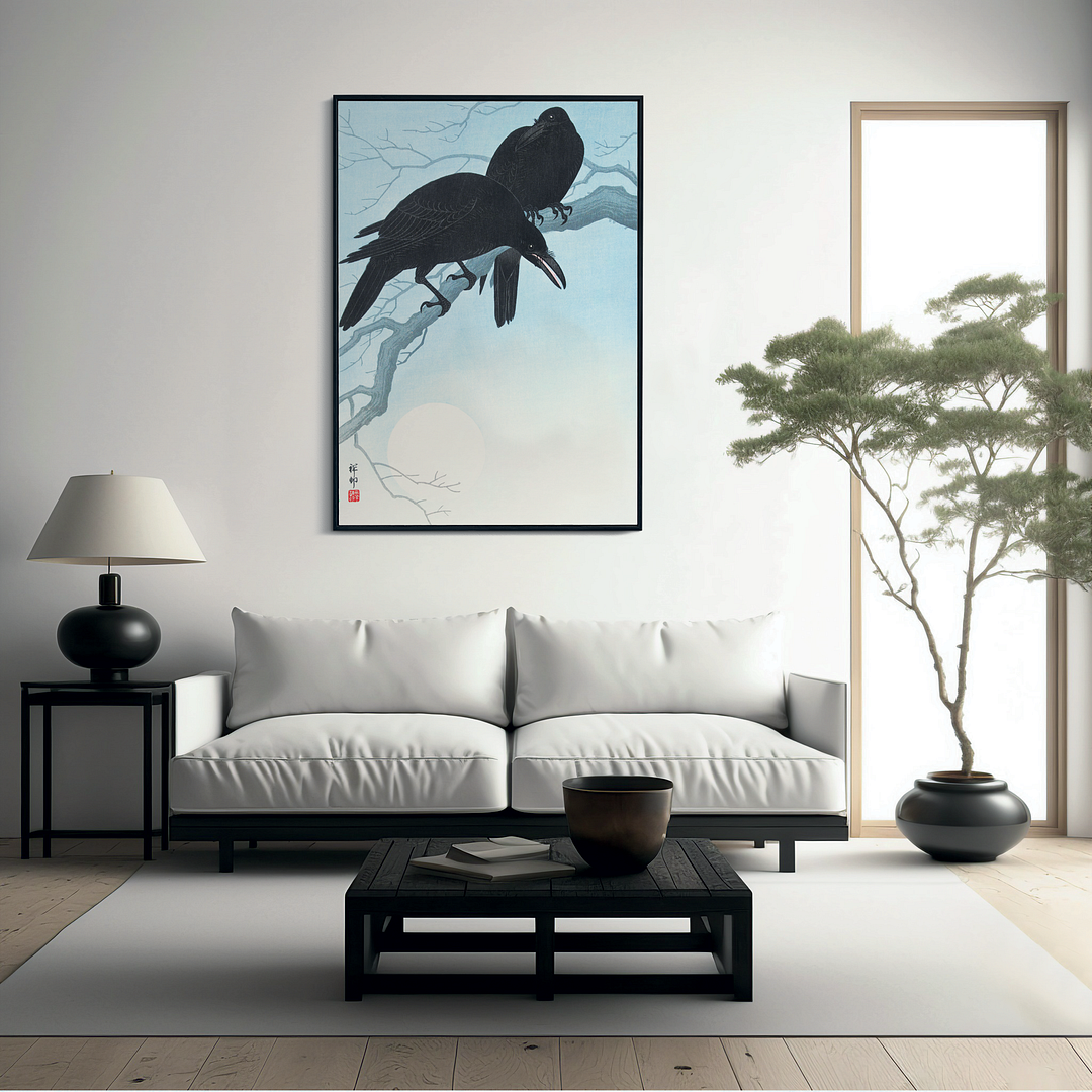Two crows on a branch by Ohara Koson - Art Print