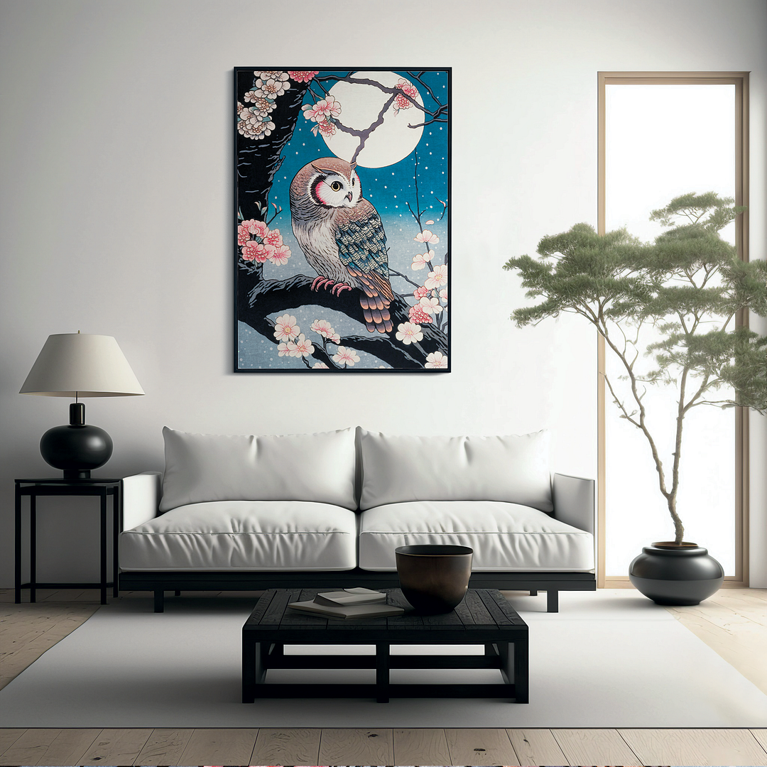 Owl on blossom with a full moon - Art Print