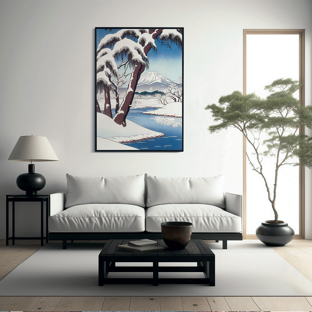 A Snowy Landscape with Mount Fuji - Art Print