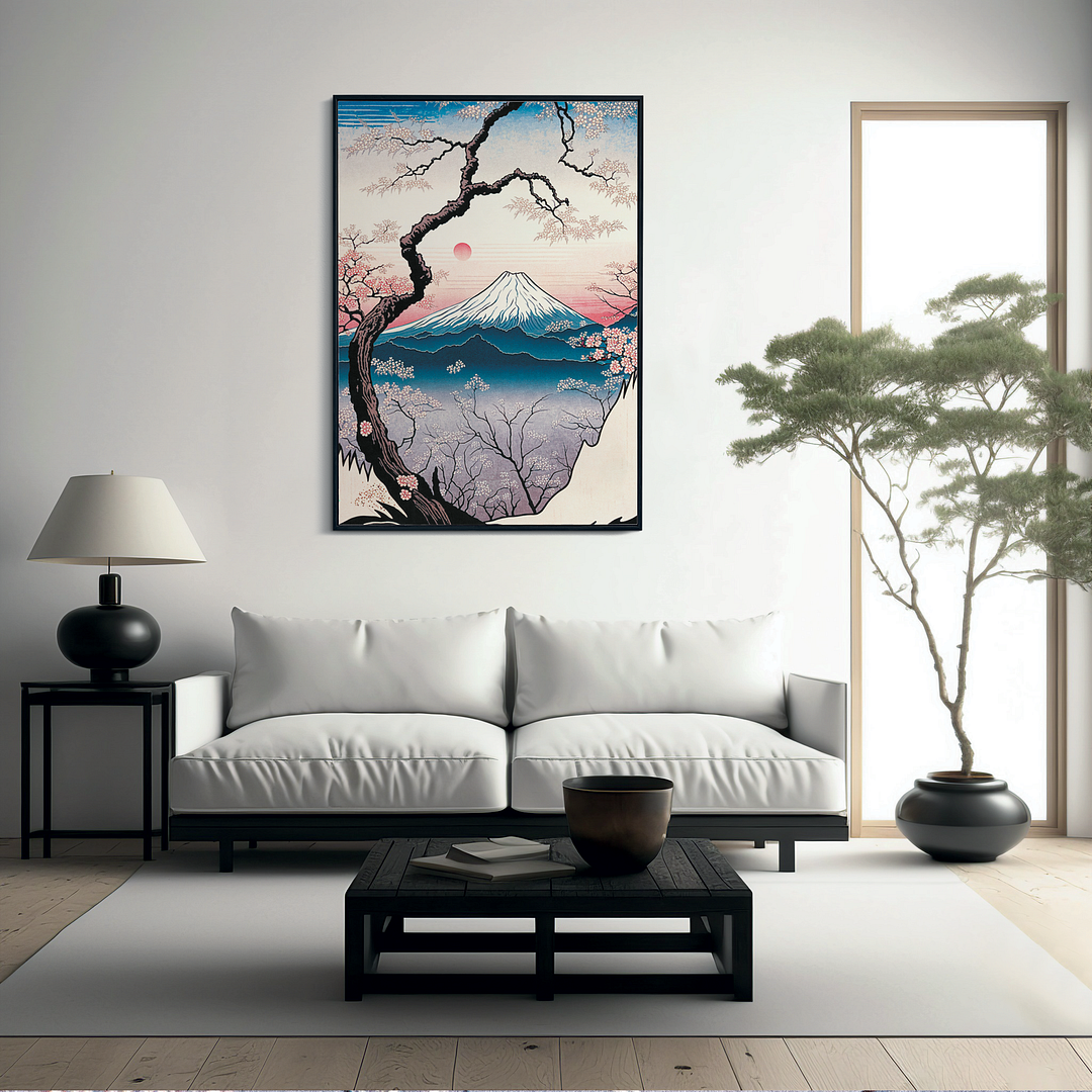 Cherry Blossom View of Mount Fuji in Pink Hues - Art Print