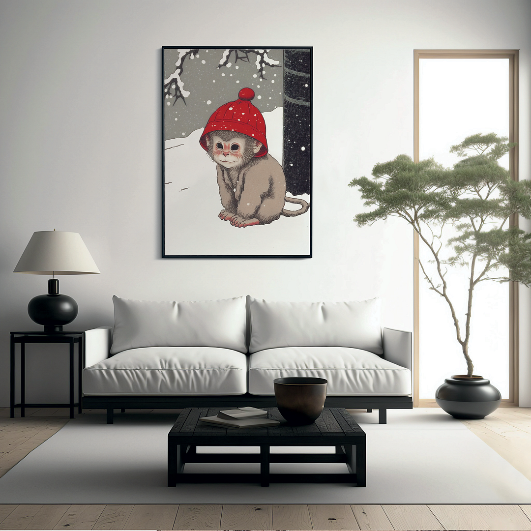 Baby monkey in the snow - Art Print