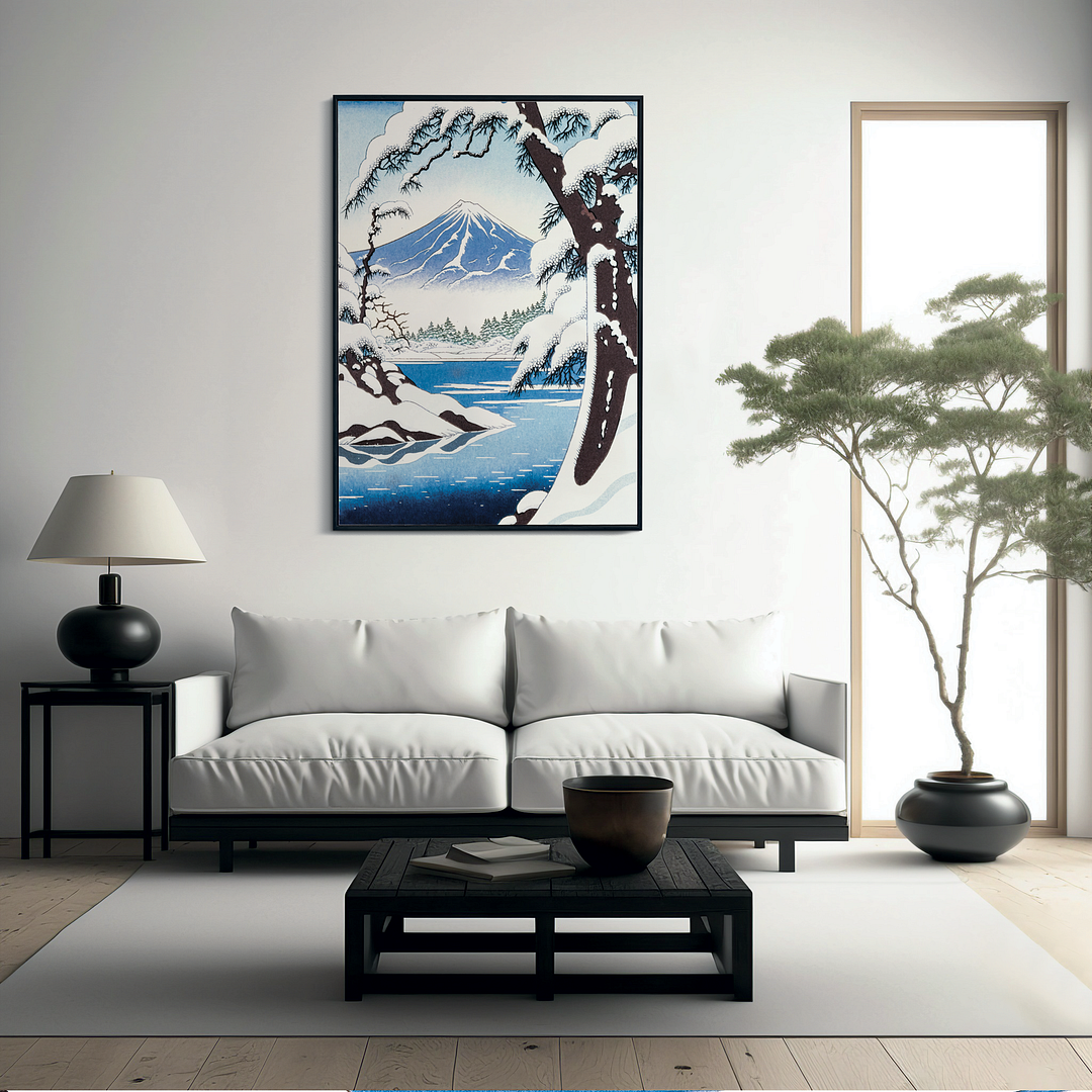 Snowy lake in front of mount fuji - Art Print