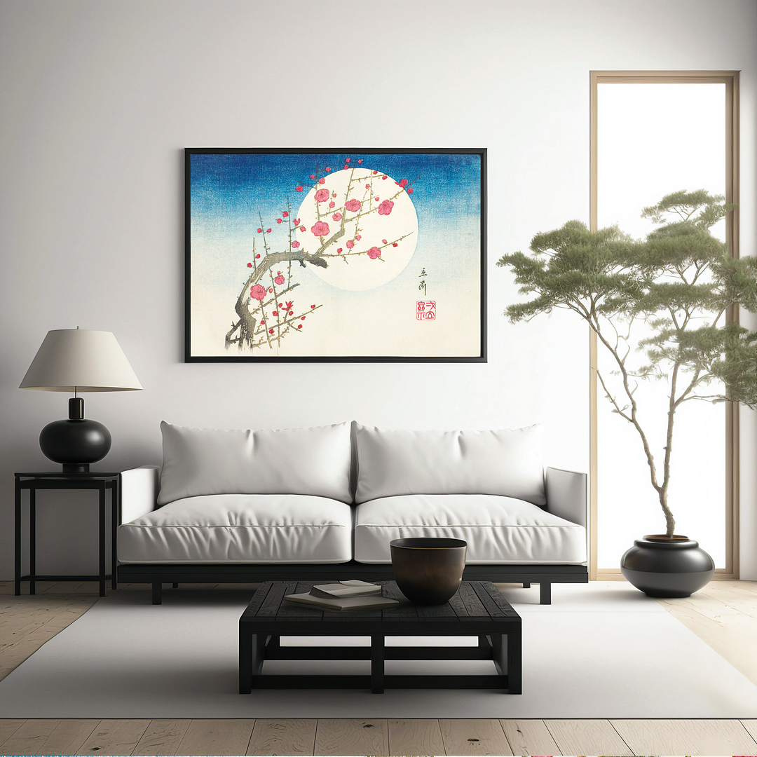 A Red Plum Branch against the Summer Moon By Hiroshige - Art Print