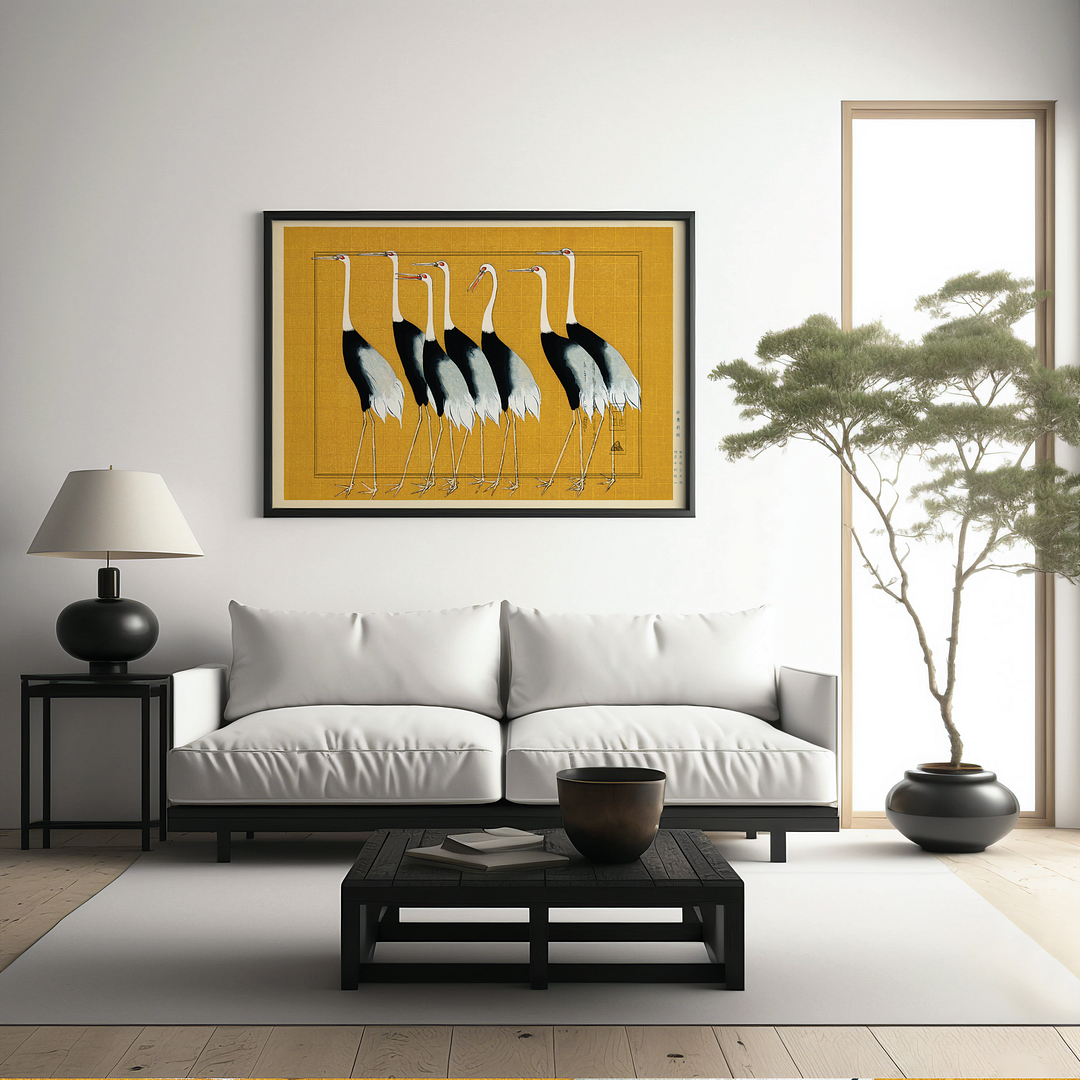 Flock of beautiful Japanese red crown crane by Ogata Korin - Art Print