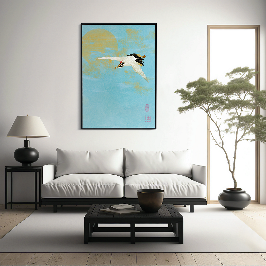 Sarus crane flying in front of the moon - Art Print