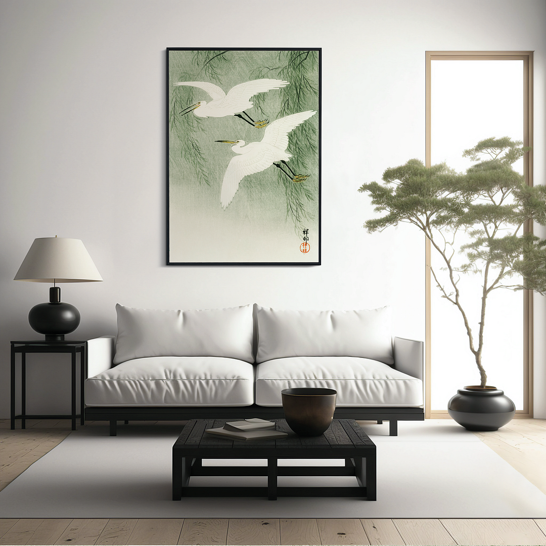 Little Egrets in flight by Ohara Koson - Art Print