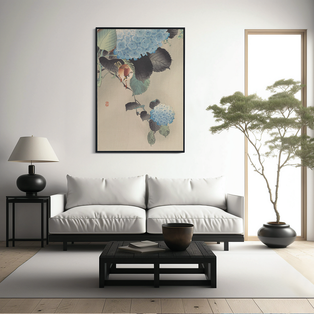 Sparrow and blue-white hortensia by Ohara Koson - Art Print