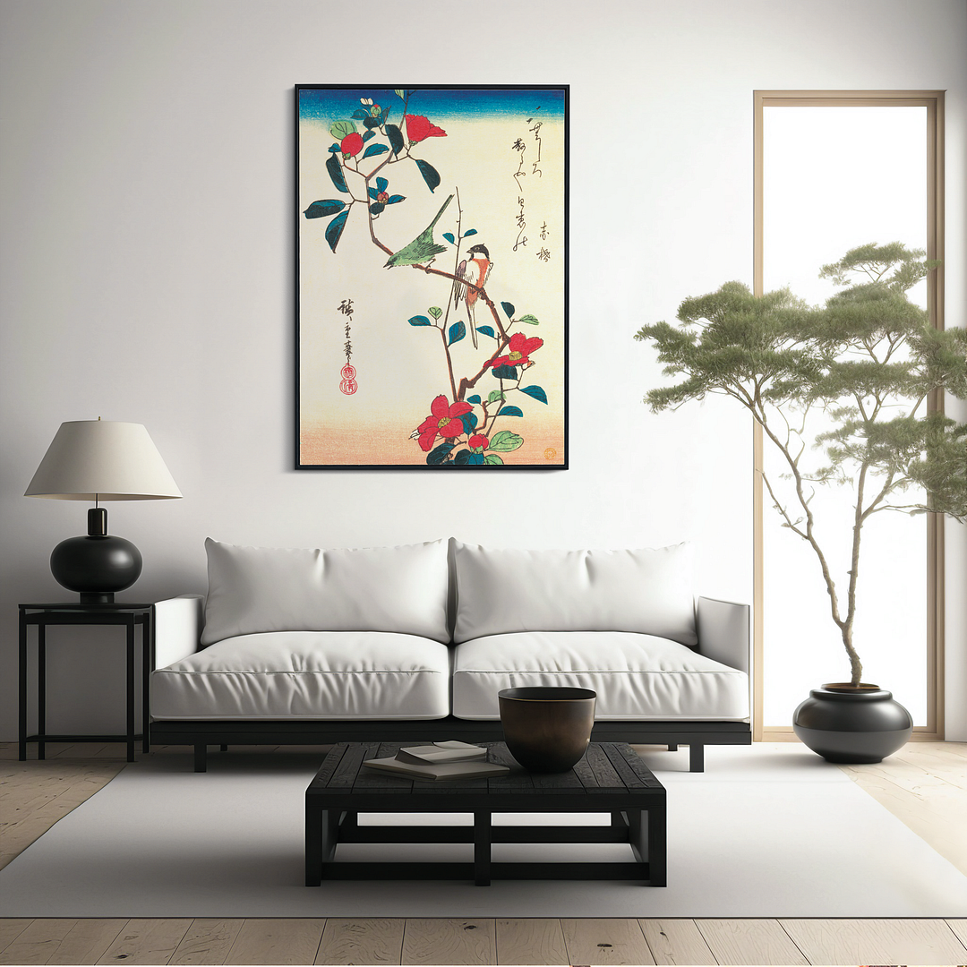 Japanese White-eye and Titmouse on a Camellia Branch - Art Print