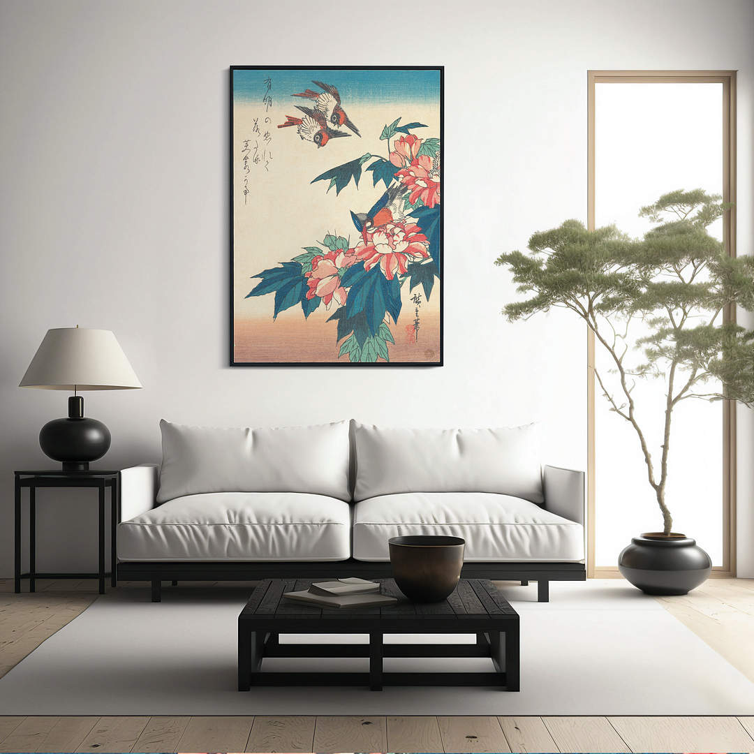 Swallows and Kingfisher with Rose Mallows by Utagawa Hiroshige - Art Print