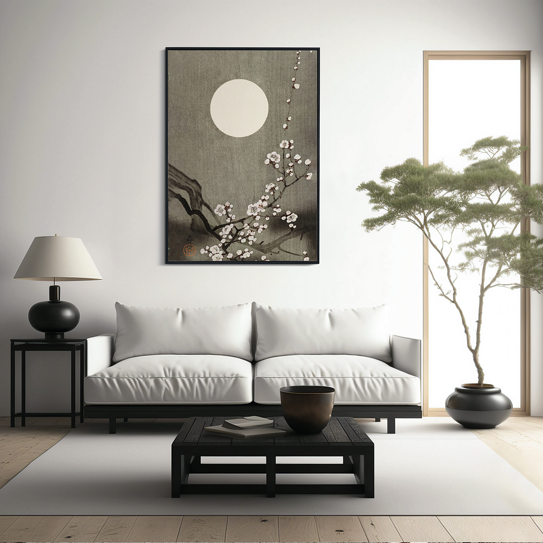 Blooming plum blossom at full moon by Ohara Koson - Art Print