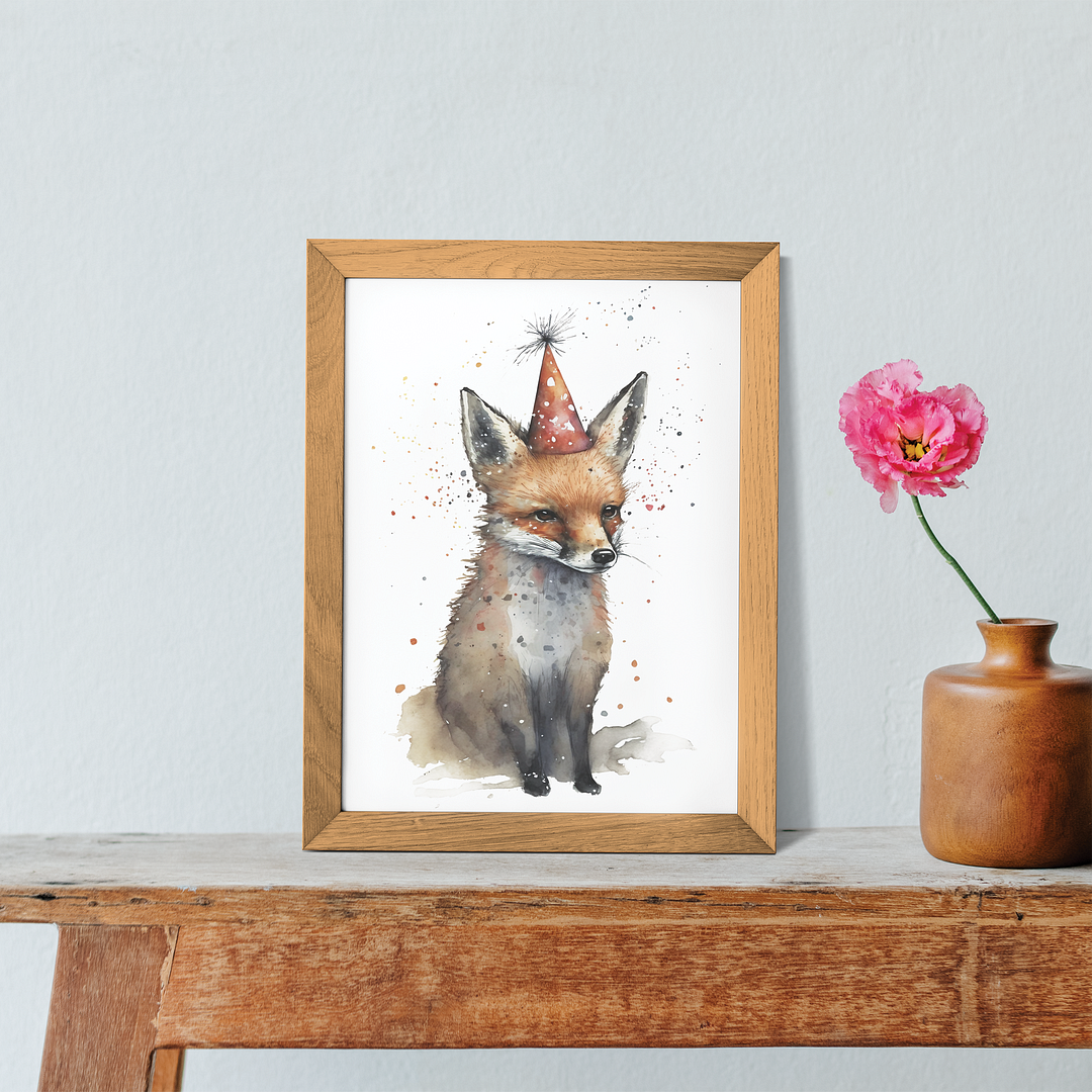 fox wearing a party hat - Art Print
