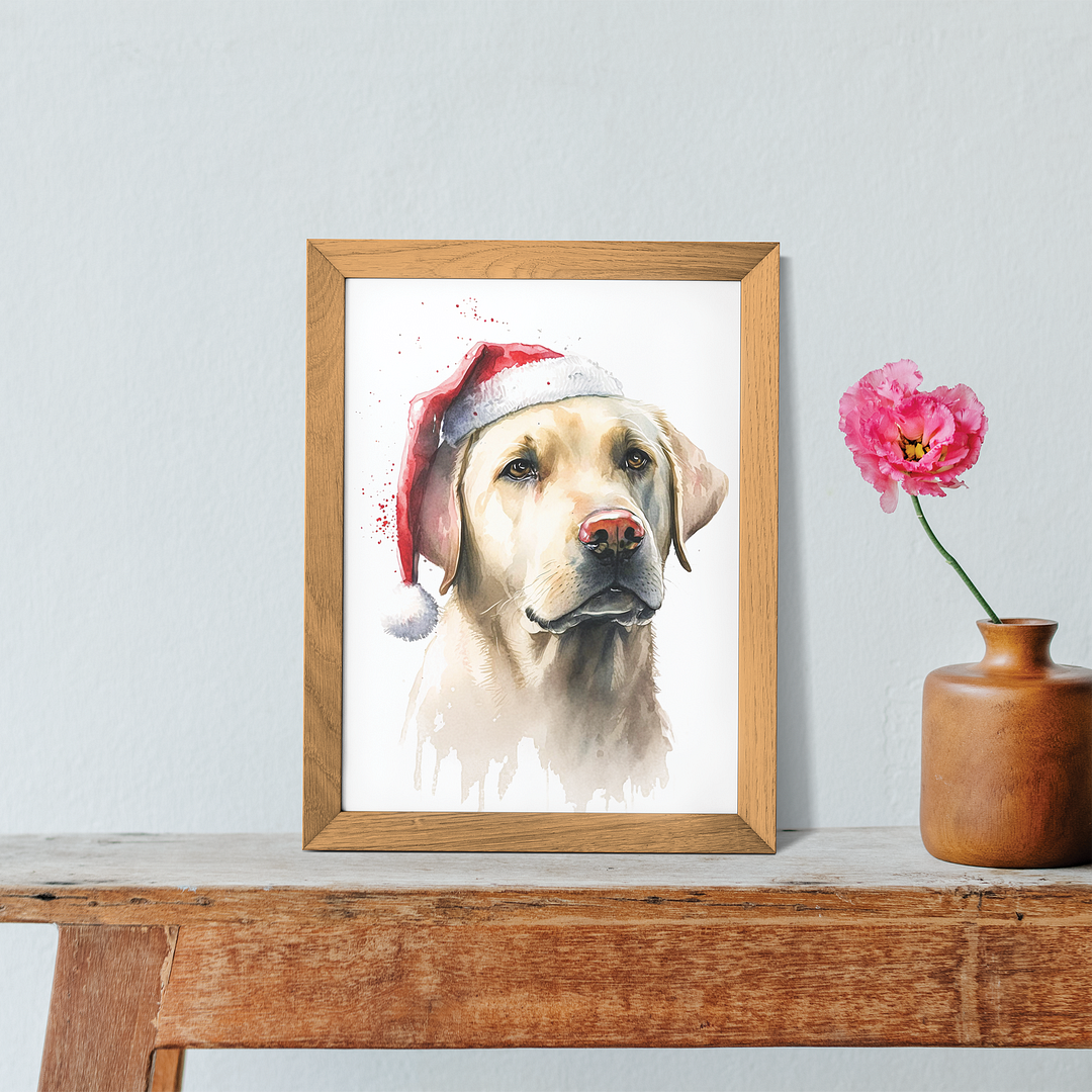 White labrador wearing a christmas hat - Art Print