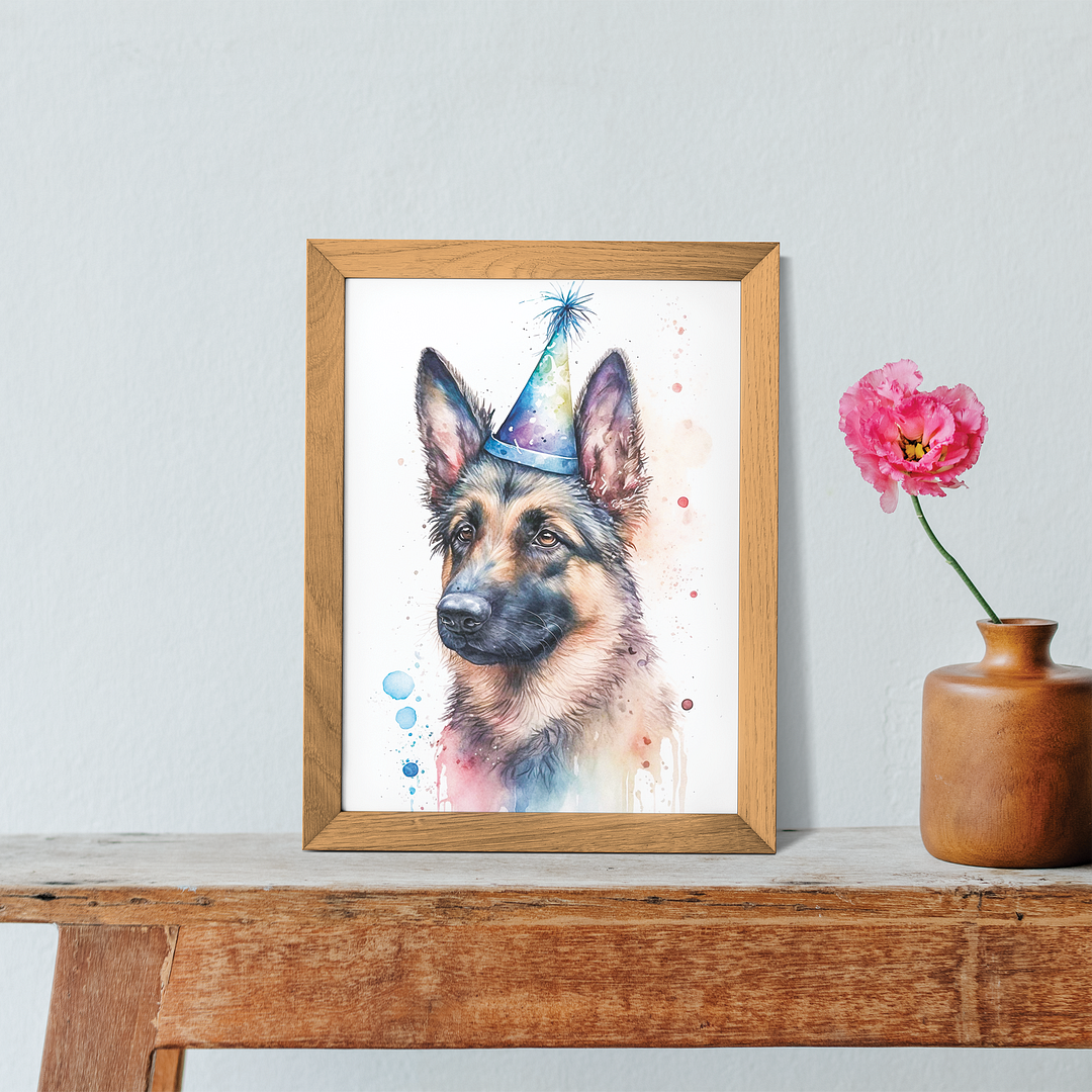 German shepherd wearing a party hat - Art Print