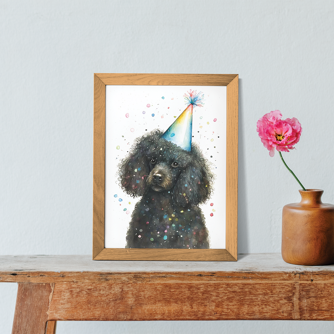 Black poodle wearing a party hat - Art Print