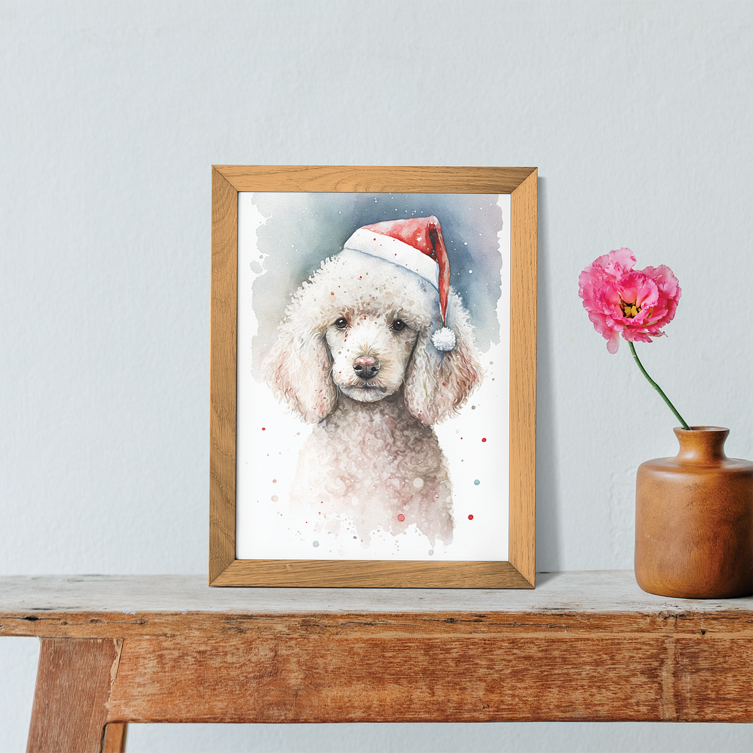 White poodle wearing a christmas hat - Art Print