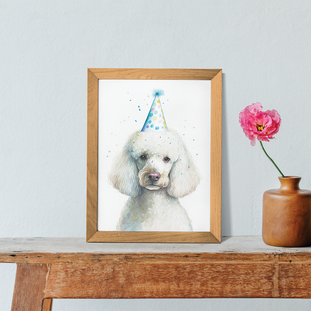 White poodle wearing a party hat - Art Print