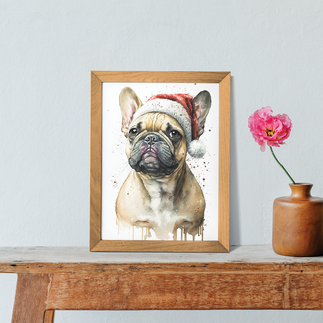 French bulldog wearing a Christmas hat - Art Print