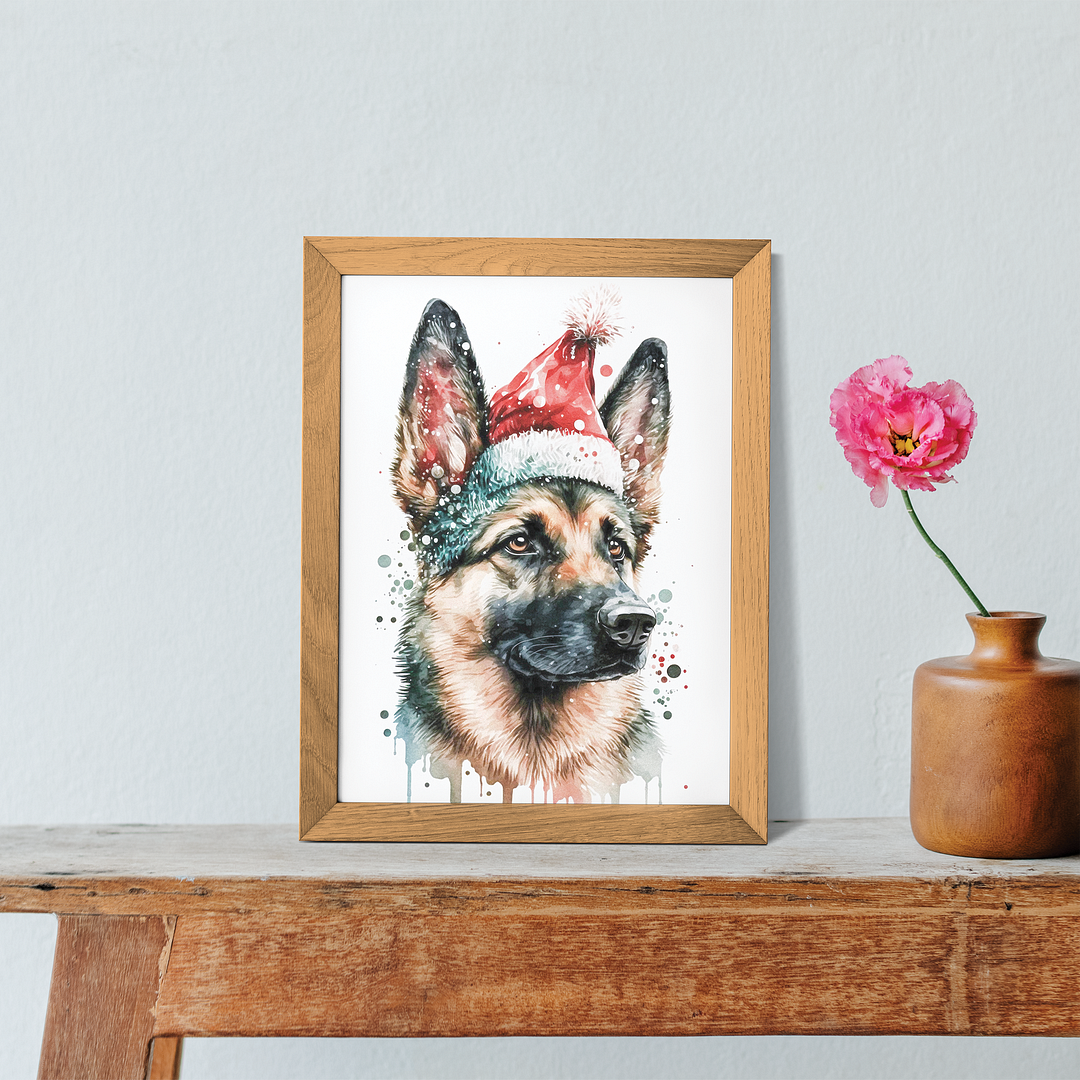 German shepherd wearing a christmas hat - Art Print