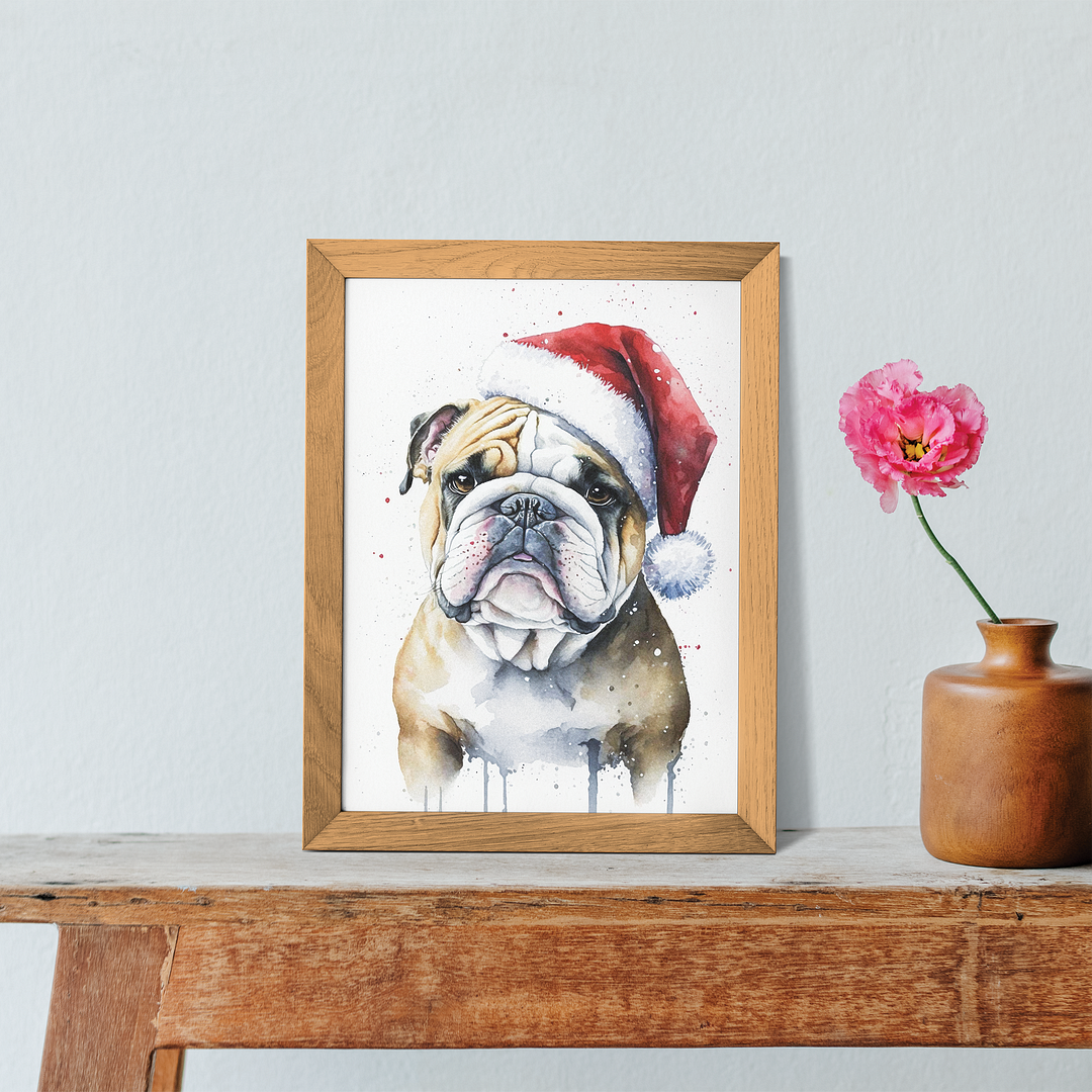 Engelse bulldog wearing a Christmas hat - Art Print