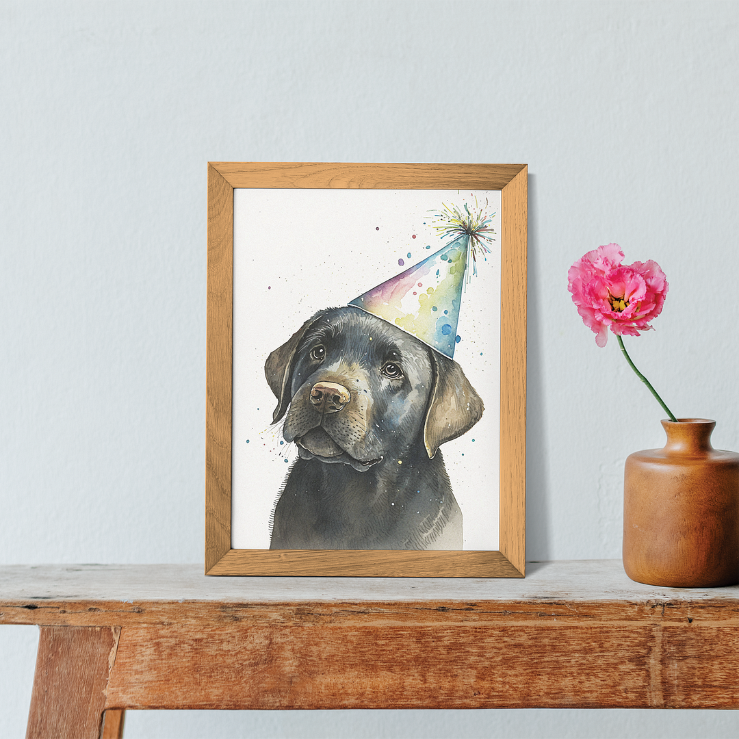 Black labrador wearing a party hat - Art Print