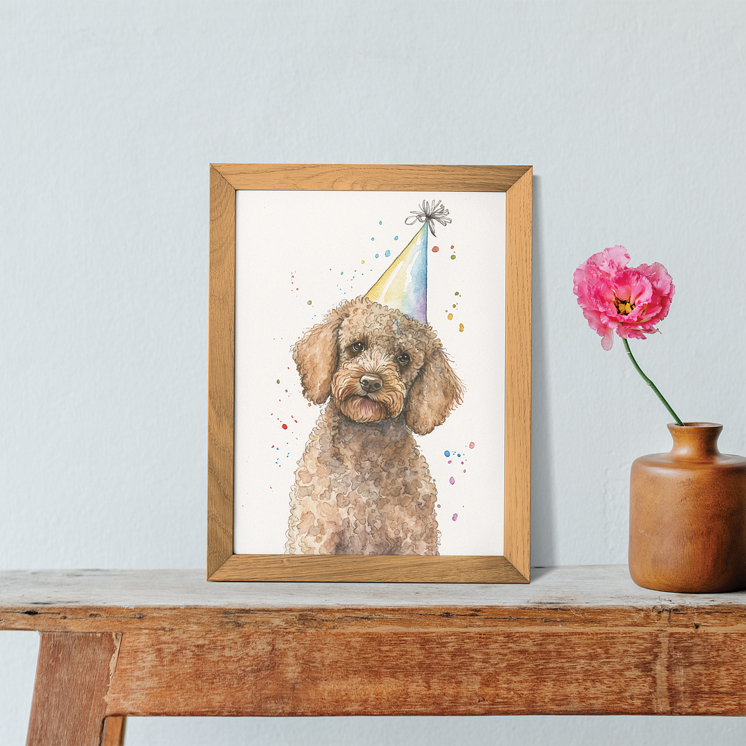Brown poodle wearing a party hat - Art Print