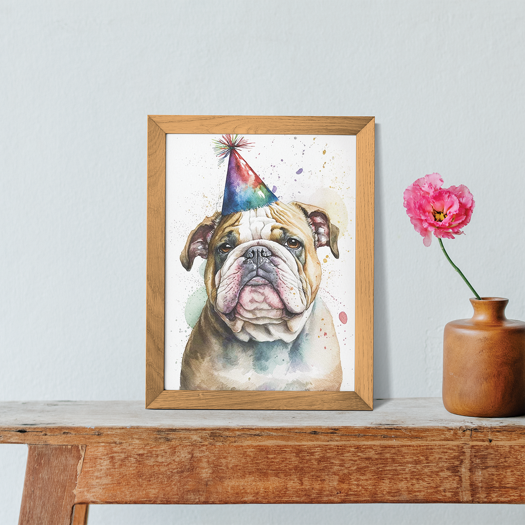 Engelse bulldog wearing a party hat - Art Print