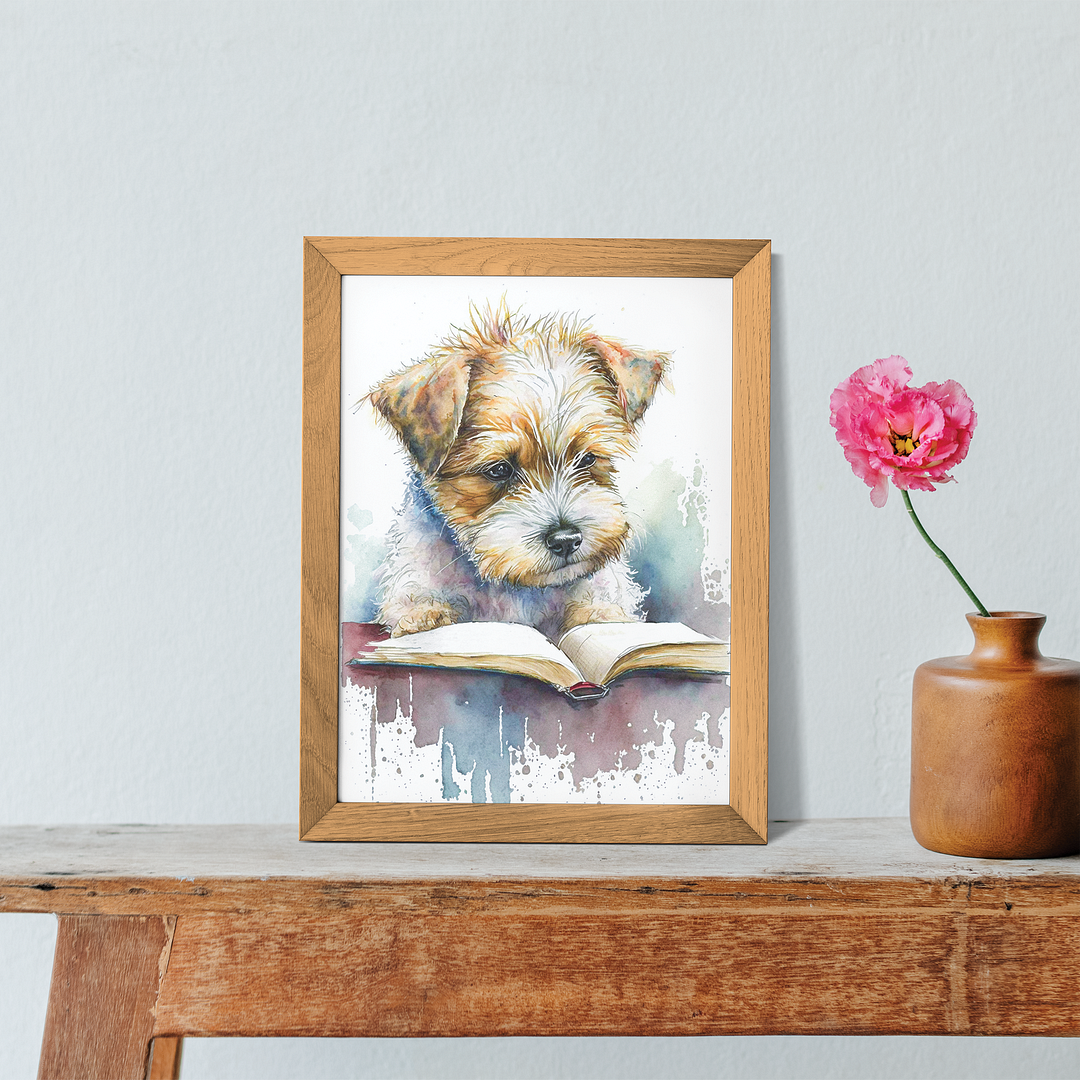 Puppy reading a book - Art Print