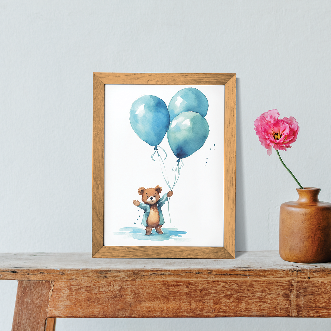 Bear holding blue balloons - Art Print