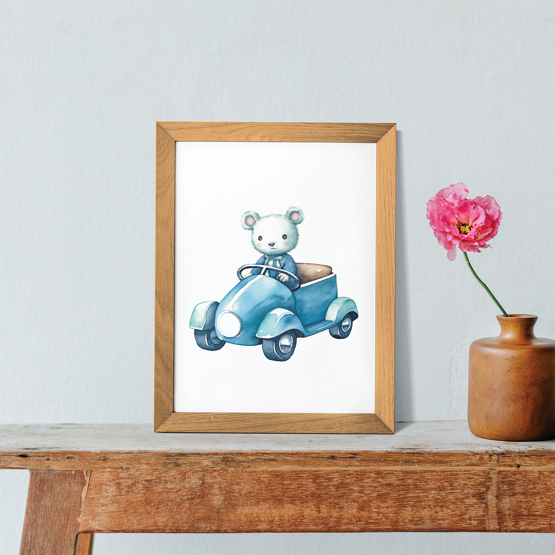Little mouse driving a blue car - Art Print