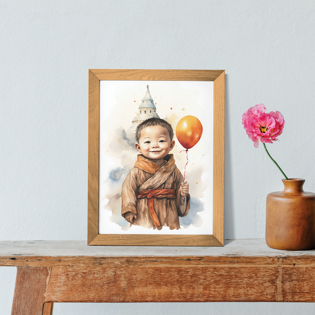 Cute little monk holding a balloon - Art Print