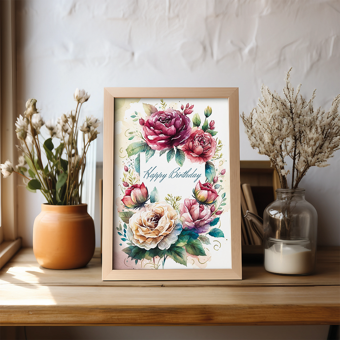 Happy Birthday Pink Roses - Art Print