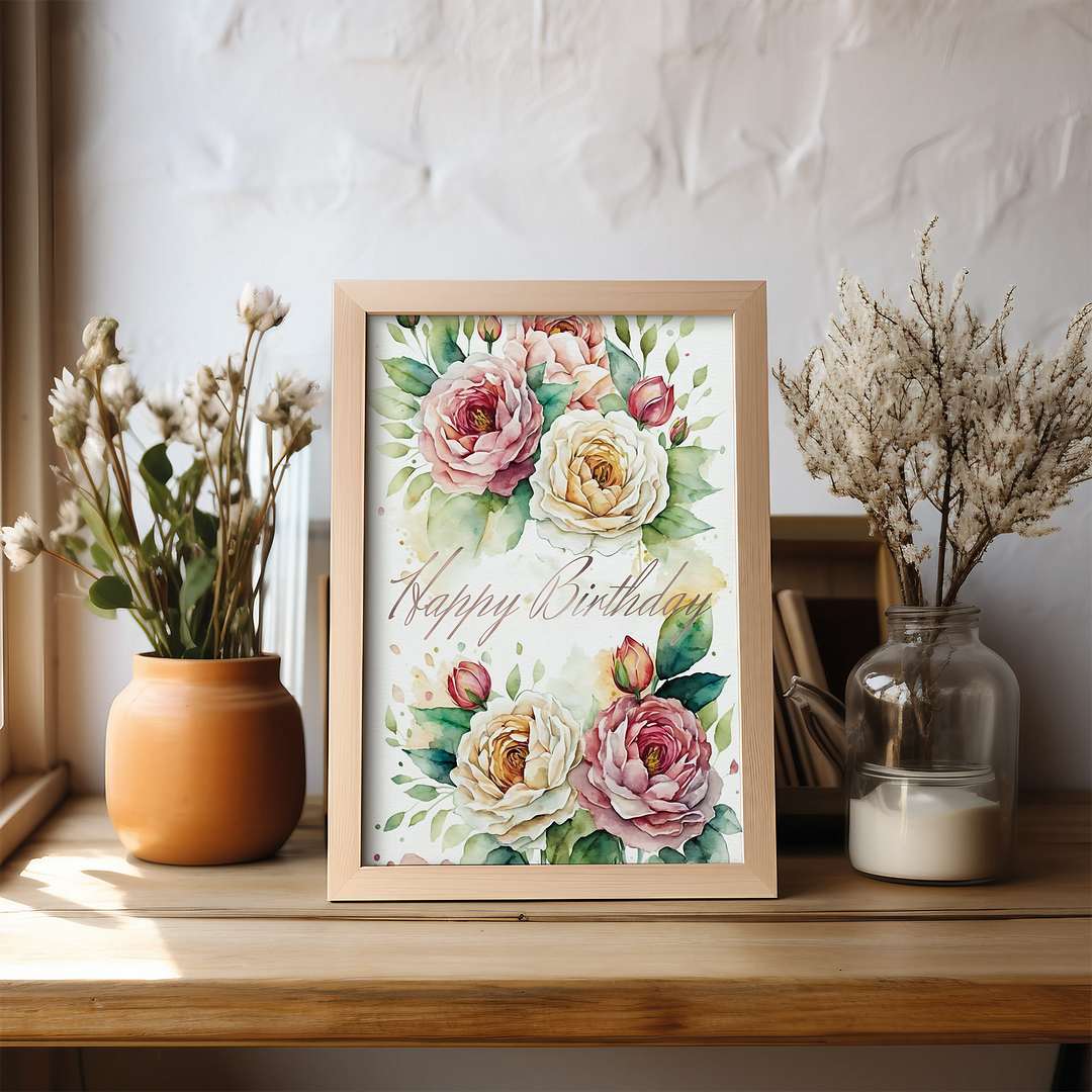 Happy Birthday Pink And White Roses - Art Print